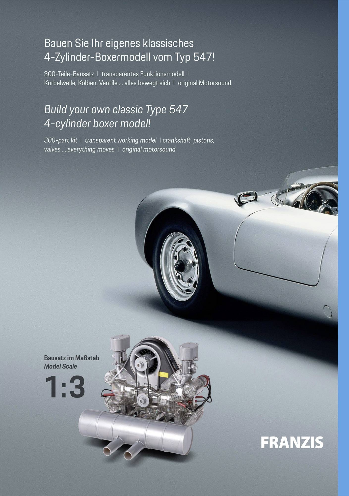Modellauto und transparentes 4-Zylinder-Boxermotor-Modell im Maßstab 1:3. Anleitungen auf Deutsch und Englisch sichtbar.