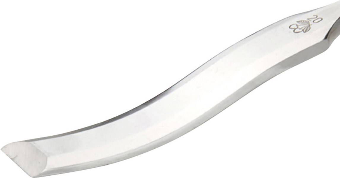 Ein geschwungenes Metalleisenwerkzeug mit abgeschrägter Spitze, möglicherweise zum Heben oder Entfernen von Objekten.
