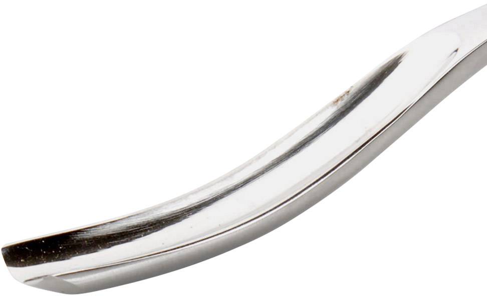 Ein gebogener, silberfarbener Metallstab mit glänzender Oberfläche, vermutlich ein Teil eines größeren Objekts oder Werkzeugs.