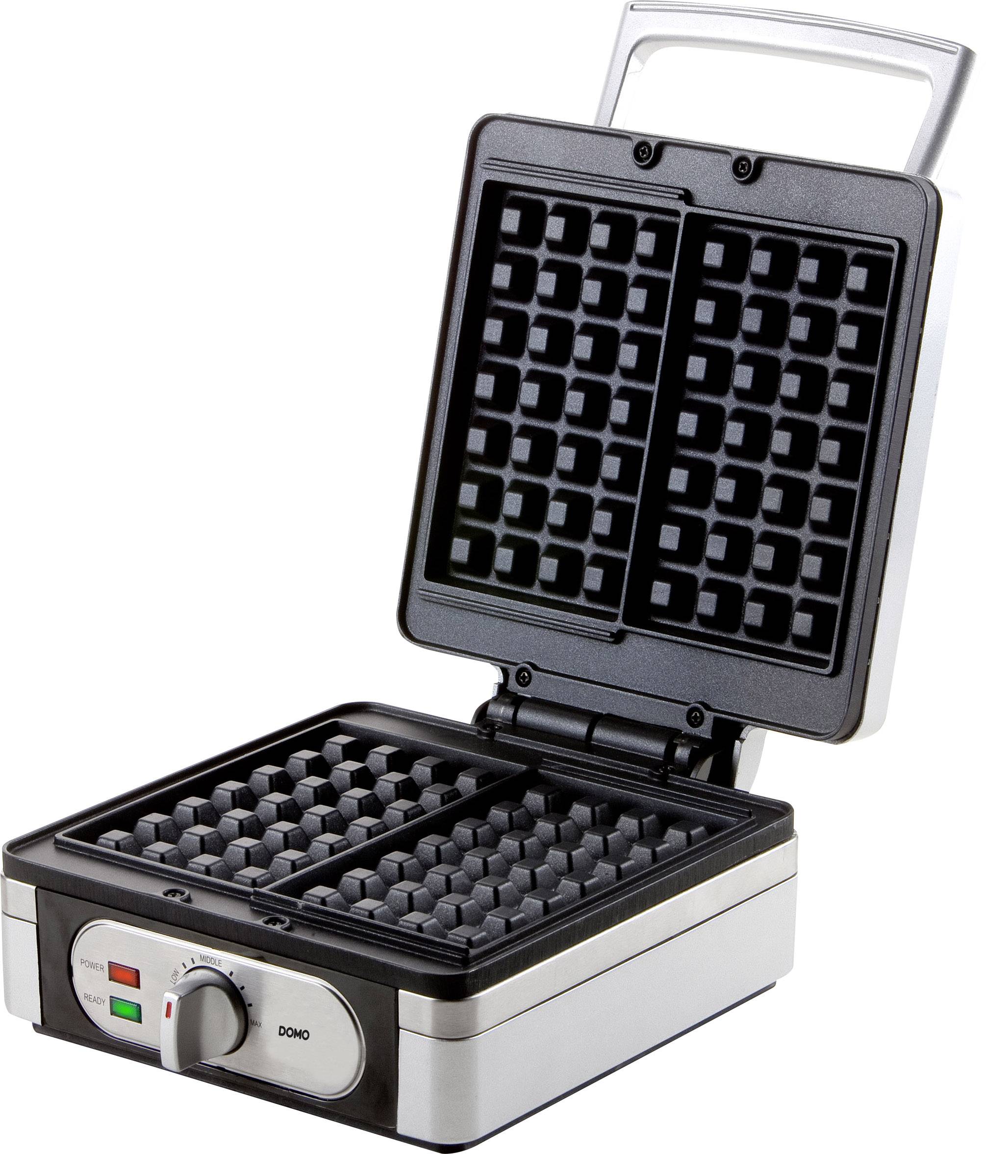 Ein schwarzes und silbernes Waffeleisen mit geöffnetem Deckel. Es hat zwei rechteckige Waffelformen und eine Temperaturkontrolle.