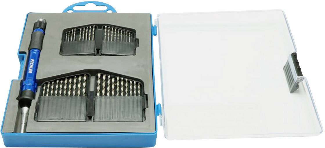 Ein geöffnetes Bohrerset in einem blauen Behälter mit verschiedenen Bohrbits in zwei schwarzen Halterungen und einem Schraubendreher.