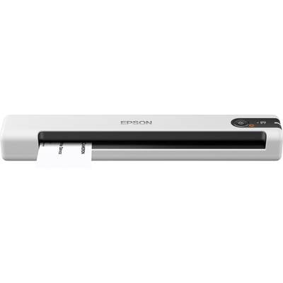 Ein tragbarer Epson-Scanner scannt ein Dokument. Das Gerät ist kompakt und weiß, mit einem schwarzen Scannerbereich und Bedientasten rechts.