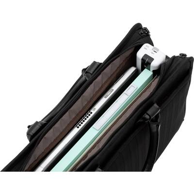 Eine geöffnete schwarze Tasche mit einem Laptop und einem Aktenordner darin. Oben ist ein Ladegerät sichtbar.
