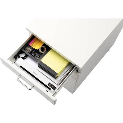 Weiße Schublade mit geöffnetem Fach zeigt Bürobedarf: Notizblöcke, Klebeband, Büroklammern, Bleistift-Behälter und Epson-Gerät.