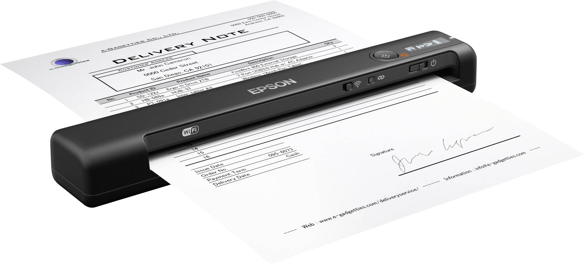 Ein tragbarer Epson-Dokumentenscanner scannt ein zweiseitiges Papierdokument mit einer Liefernotiz, begleitet von einer Unterschrift.