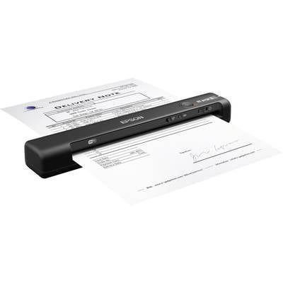 Ein tragbarer Epson-Dokumentenscanner scannt ein zweiseitiges Papierdokument mit einer Liefernotiz, begleitet von einer Unterschrift.