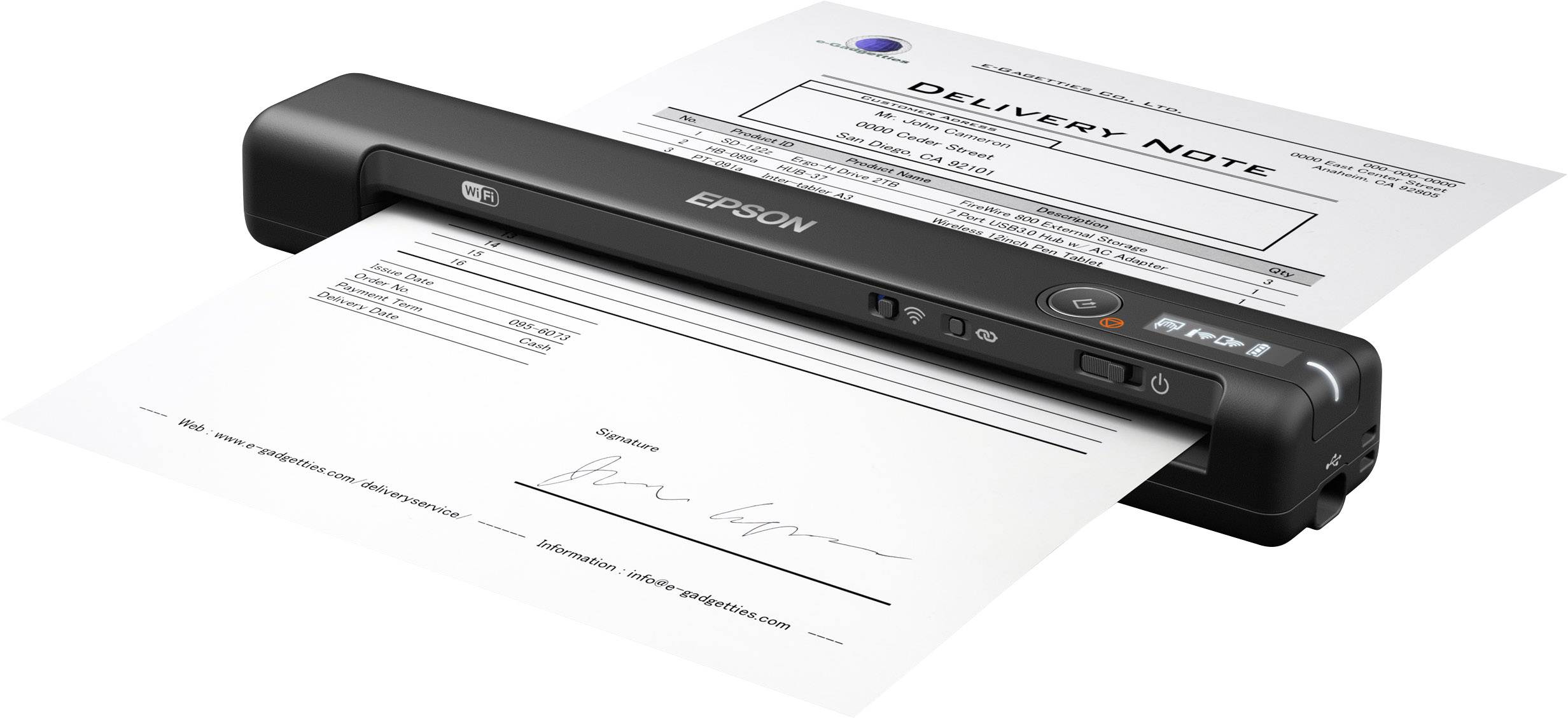 Mobiler Epson Scanner, der ein Dokument mit Unterschrift und Lieferschein scannt. Ideal für unterwegs zum Digitalisieren von Papierkram.