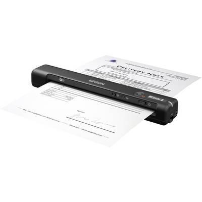Mobiler Epson Scanner, der ein Dokument mit Unterschrift und Lieferschein scannt. Ideal für unterwegs zum Digitalisieren von Papierkram.