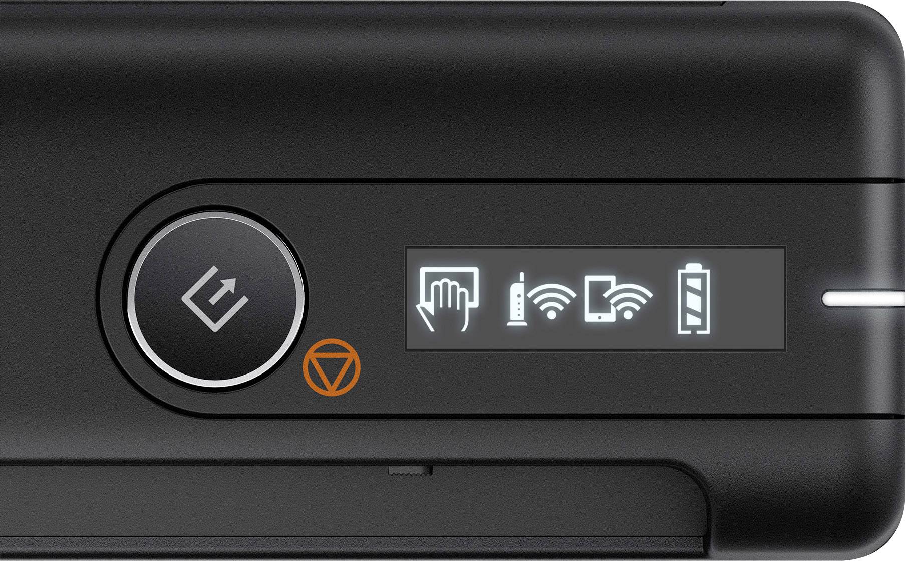 Eine schwarze elektronische Anzeige mit Symbolen zeigt einen Papiermangel, WLAN-Verbindung, Mobilgerät und Batteriestatus.