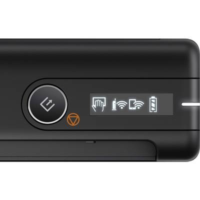 Eine schwarze elektronische Anzeige mit Symbolen zeigt einen Papiermangel, WLAN-Verbindung, Mobilgerät und Batteriestatus.