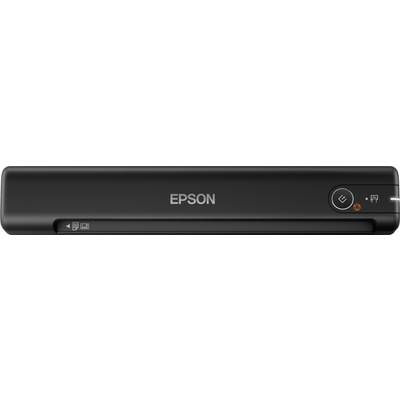 Schwarzer tragbarer Epson-Scanner mit Bedientasten rechts und Epson-Logo in der Mitte. Entworfen für mobile Dokumentenscans.