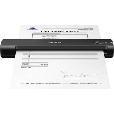 Ein Dokumentenscanner scannt ein 'Delivery Note'-Formular, das einem John Cameron geliefert wird. Der Scanner ist von der Marke Epson.