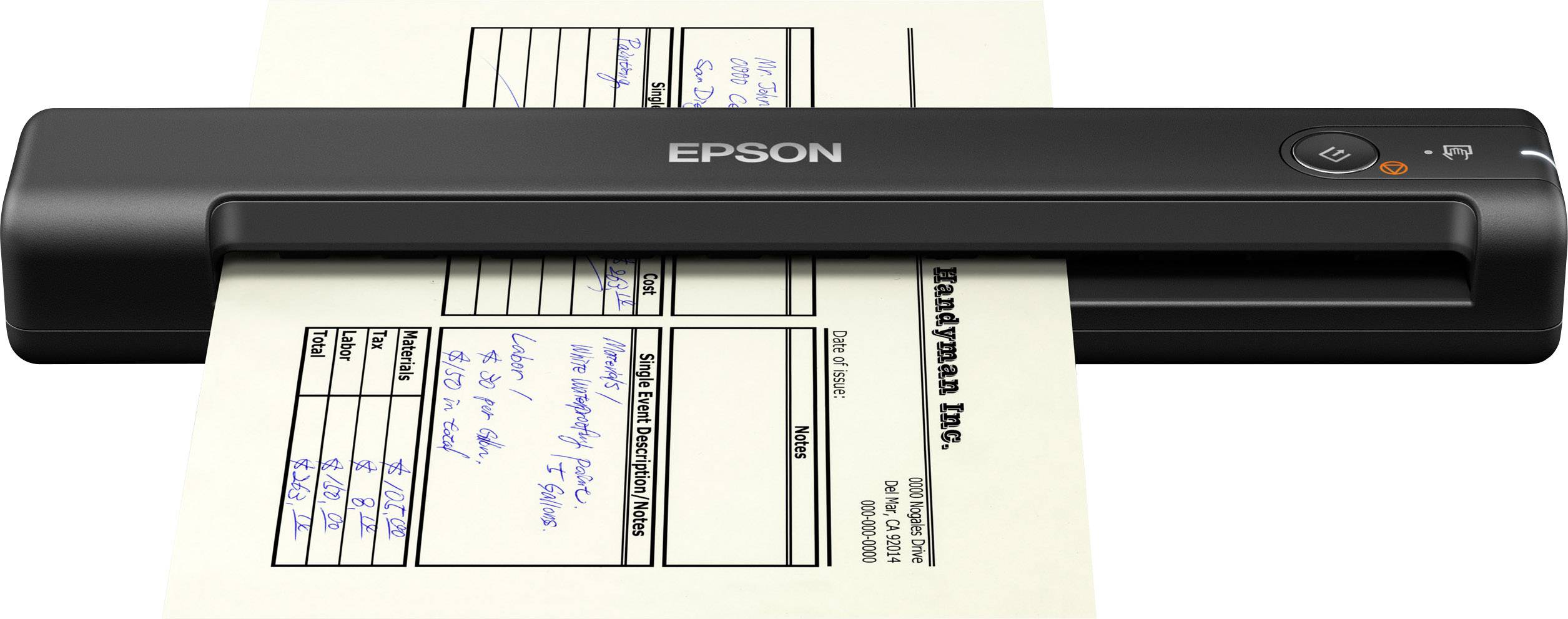Ein kompakter Epson-Scanner zieht ein Dokument mit Formularfeldern und handschriftlichem Text ein.