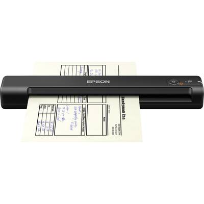 Ein kompakter Epson-Scanner zieht ein Dokument mit Formularfeldern und handschriftlichem Text ein.