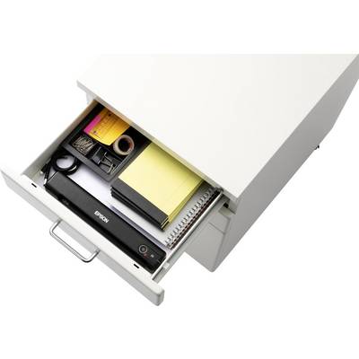 Offene Schublade mit Laptop, Notizblöcken, Büroklammern und Klebeband, organisiert für einen Büroschreibtisch.