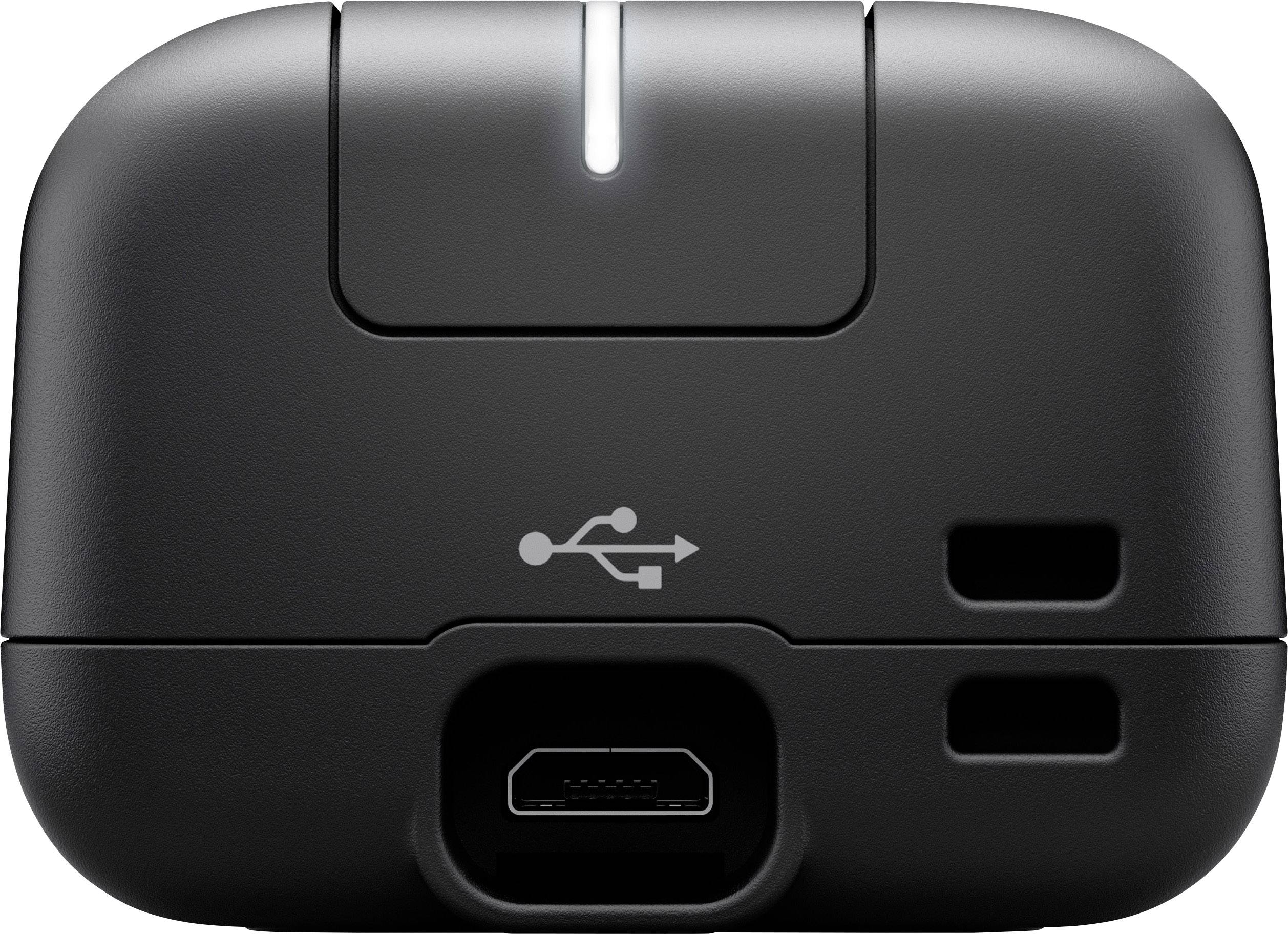 Schwarzes Gerät mit USB-Anschluss, LED-Licht und USB-Symbol.