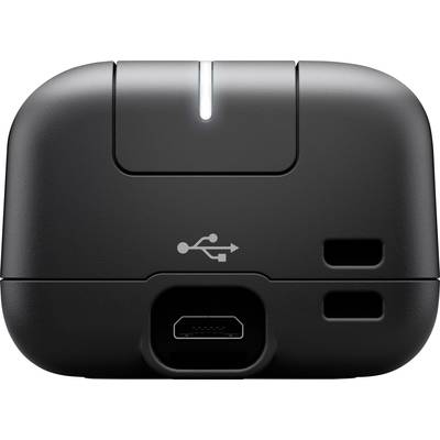 Schwarzes Gerät mit USB-Anschluss, LED-Licht und USB-Symbol.