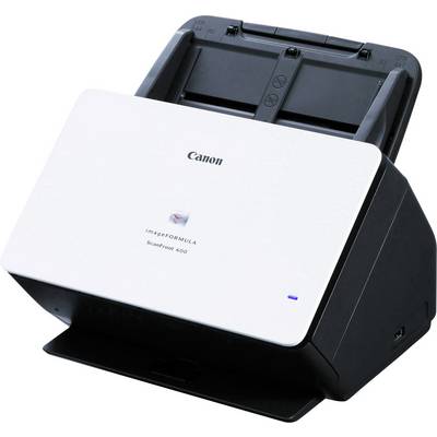 Ein weißer und schwarzer Desktop-Dokumentenscanner von Canon, Modell imageFORMULA ScanFront 400, mit Papierzufuhr oben.