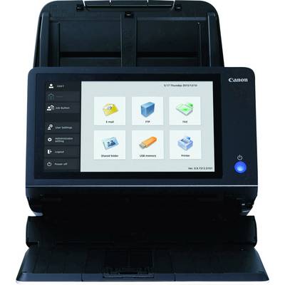 Ein Scanner mit einem Display zeigt Symbole für 'E-Mail', 'FTP', 'Fax', 'Gemeinsamer Ordner', 'USB-Speicher', 'Drucker'.