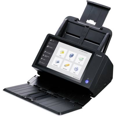 Ein moderner Scanner mit digitalem Bildschirm zeigt verschiedene Scan-Optionen. Der Scanner ist geöffnet und bereit zur Benutzung.