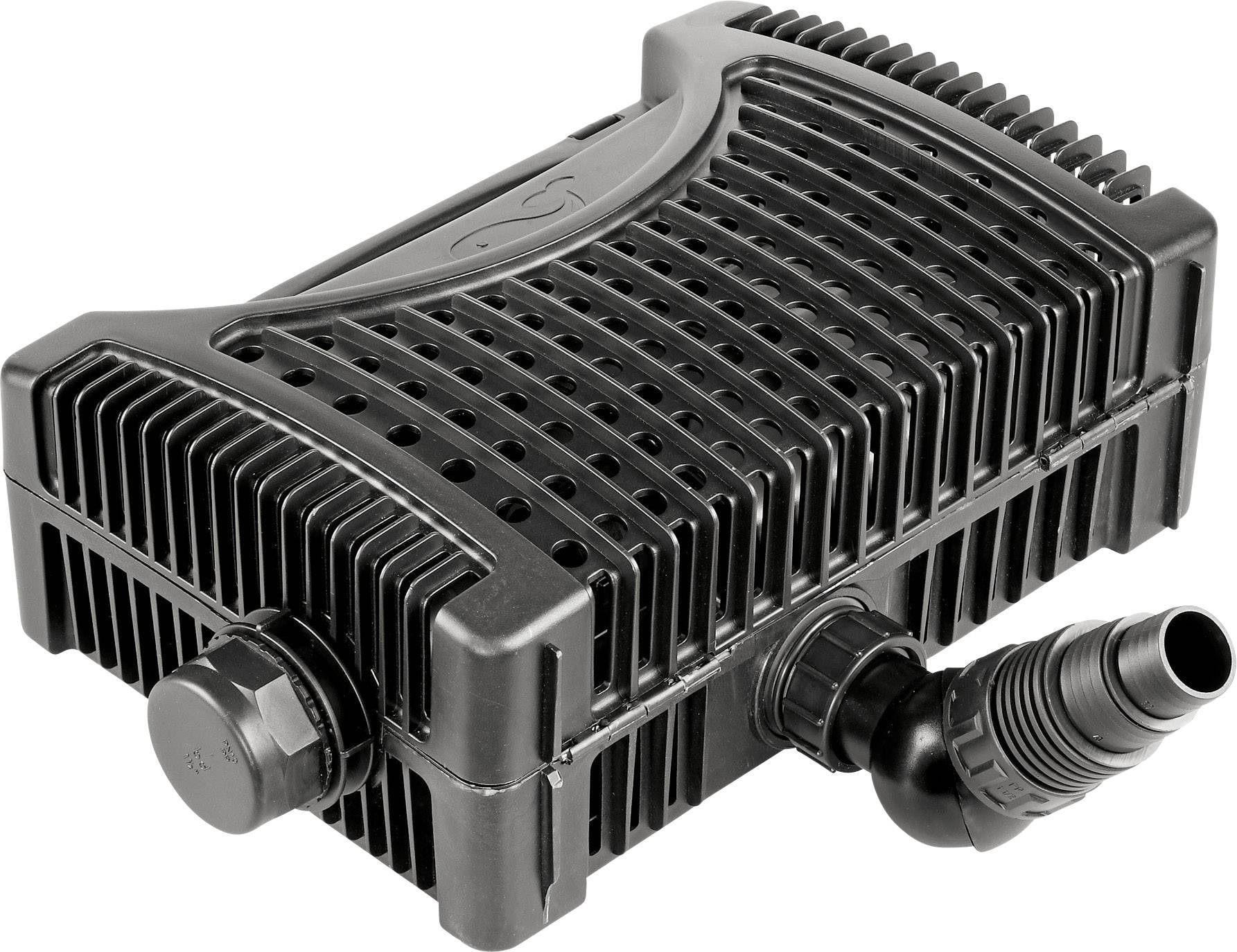 Schwarze Plastikbox mit Belüftungsschlitzen und abgewinkeltem Anschluss. Wahrscheinlich ein technisches Gerät oder Filter.