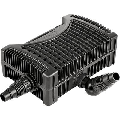 Schwarzer Teichfilter mit zwei Anschlüssen und geripptem Gehäuse, das eine effiziente Wasserreinigung ermöglicht.