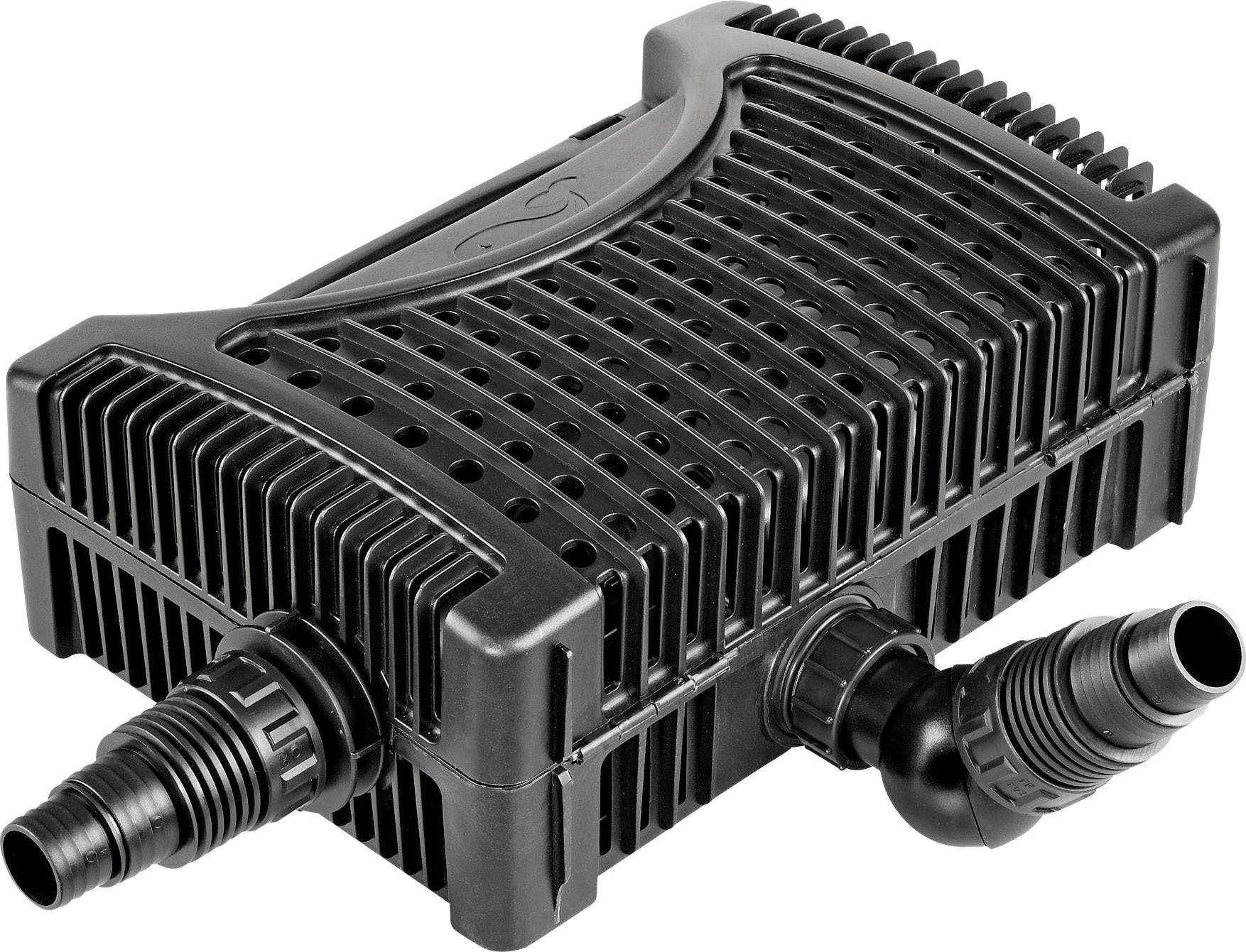 Schwarze Wasserpumpe mit rechteckigem Gehäuse und geripptem Design, linksseitig zwei angeschlossene Schläuche.
