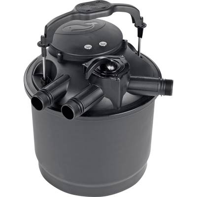Schwarzer Teichfilter in zylindrischer Form mit mehreren Zu- und Ausgängen. Oberseite mit Griff und zwei sichtbaren Druckknöpfen.