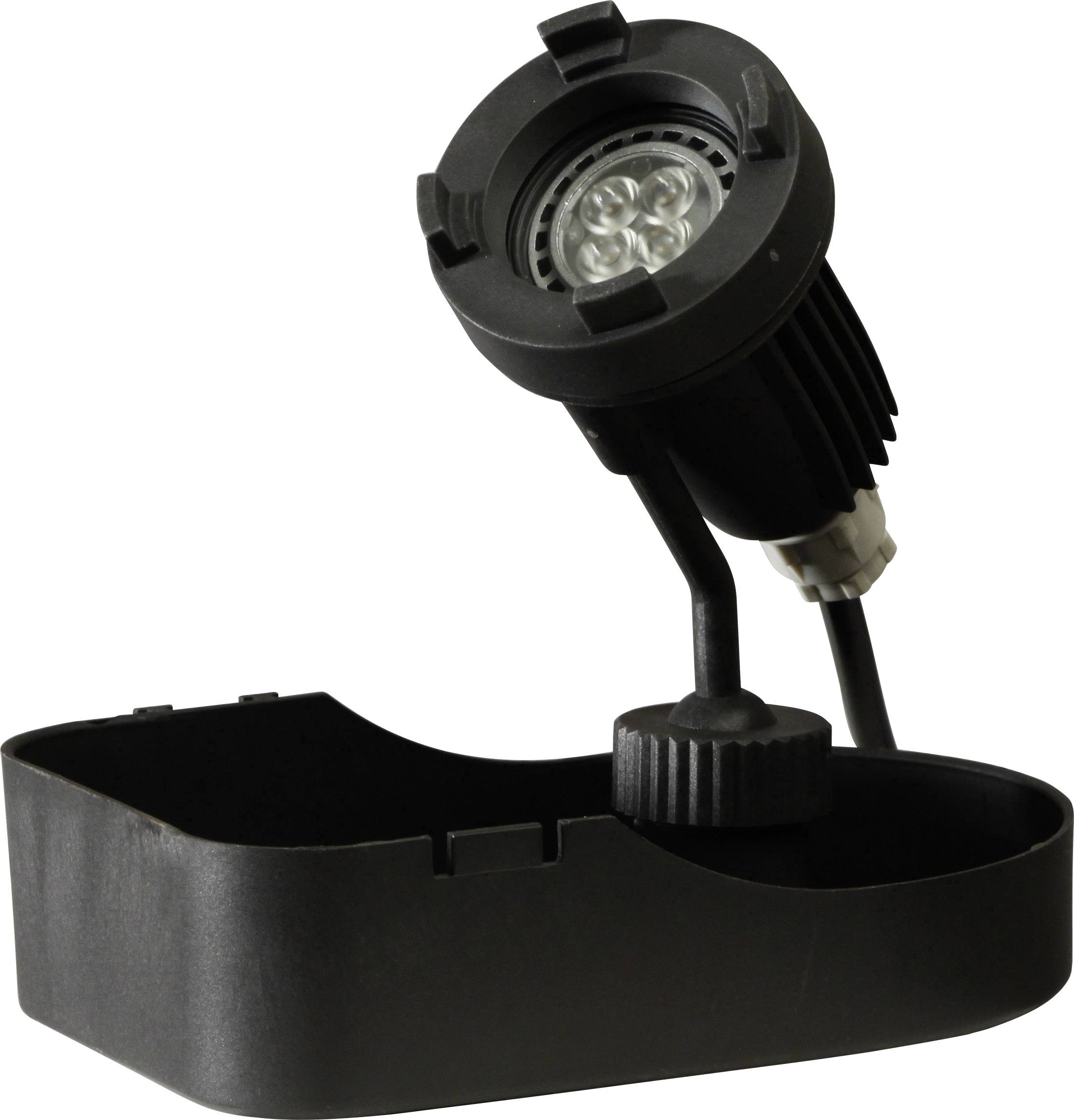 Schwarzer LED-Scheinwerfer mit flexiblem Hals und rechteckigem Standfuß, geeignet zur Fokussierung von Licht auf bestimmte Bereiche.