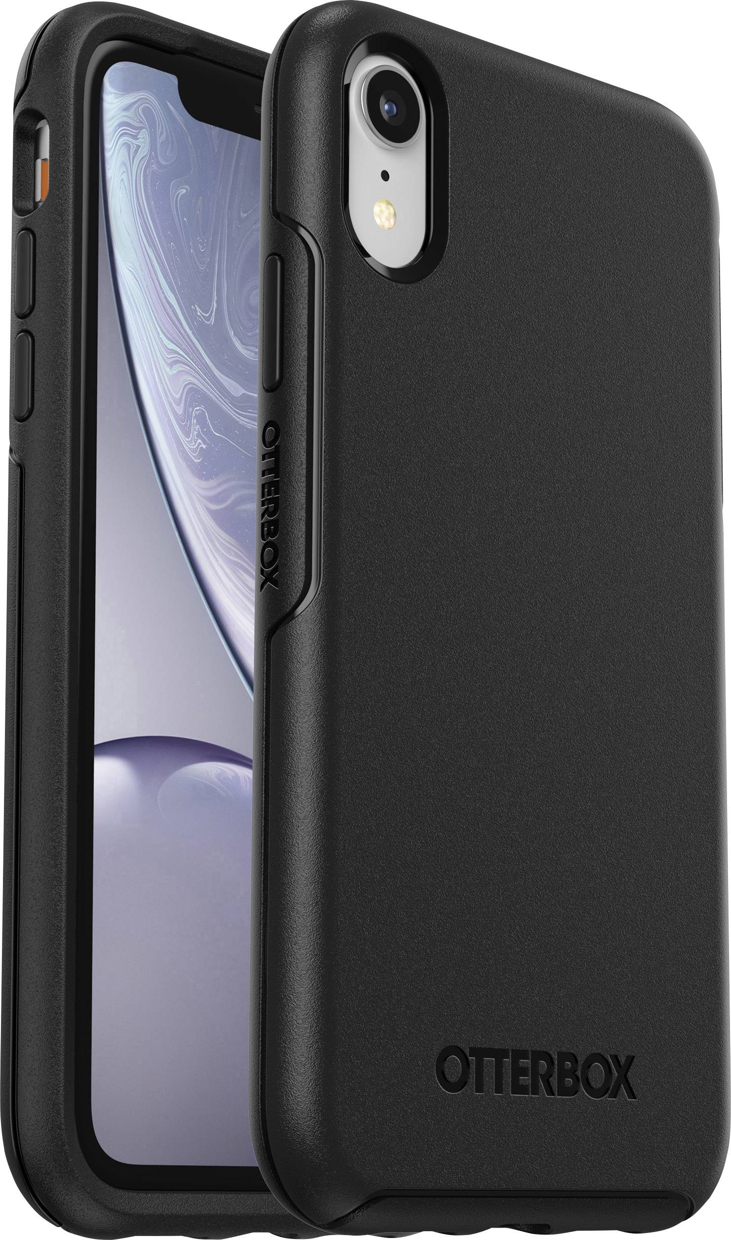 Schwarzes Smartphone-Case der Marke OtterBox, schützend um ein Mobiltelefon gelegt, betont robustes Design.