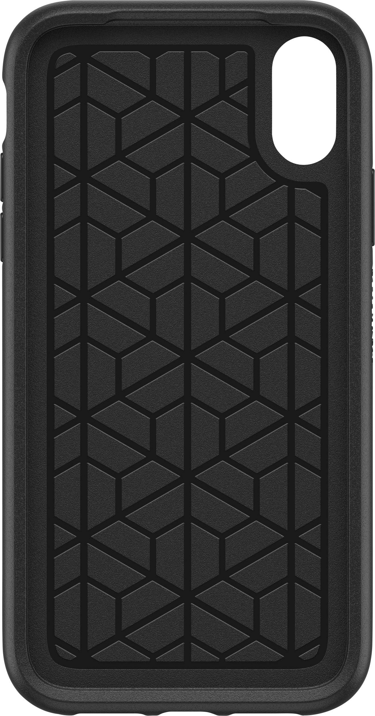 Ein schwarzes Handyhülle mit geometrischem Muster auf der Rückseite. Das Design besteht aus verschachtelten, sechseckigen Formen.