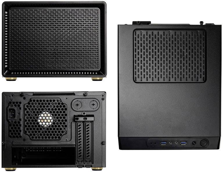 Computergehäuse in Schwarz, Front- und Rückansicht, zeigt mehrere Lüftungsöffnungen, Anschlüsse und Lüfterplatzierung.