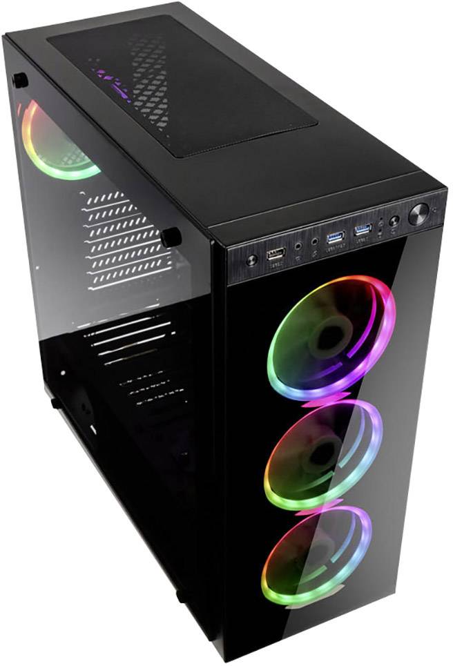 Schwarzes Computergehäuse mit Glasfront, zeigt drei leuchtende, bunte Lüfter. Oben befinden sich Anschlüsse und ein Ein/Aus-Schalter.