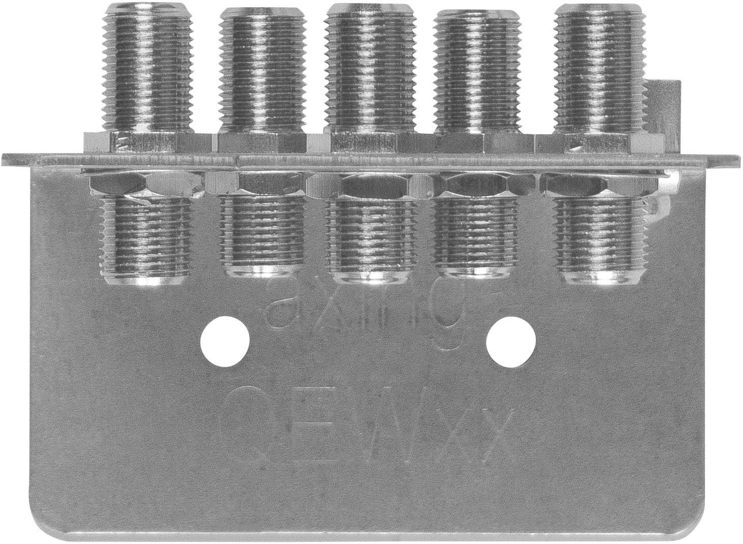 Sechsfache F-Anschlussplatte mit sechs vertikal montierten Coaxial-Anschlüssen auf einer Metallhalterung, geeignet für Kabelinstallationen.