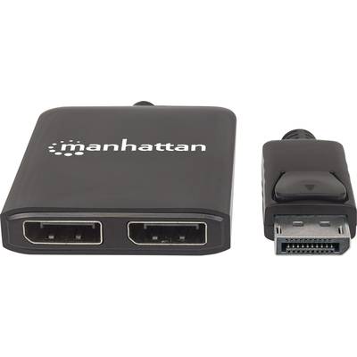 Ein schwarzer Adapter von 'manhattan' mit zwei HDMI-Anschlüssen und einem DisplayPort-Stecker, verwendet zum Verbinden von Geräten.