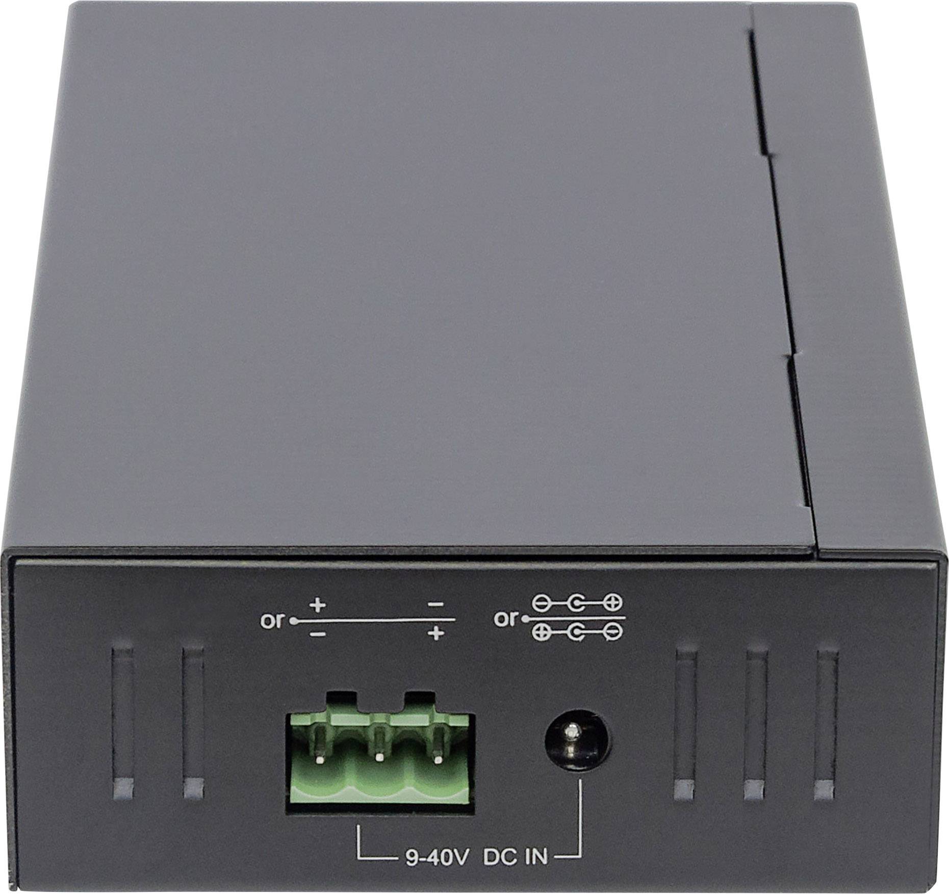 Ein schwarzes elektrisches Gerät mit einem grünen Anschlussblock und einer DC-Eingangsbuchse, geeignet für 9-40V Gleichstrom.