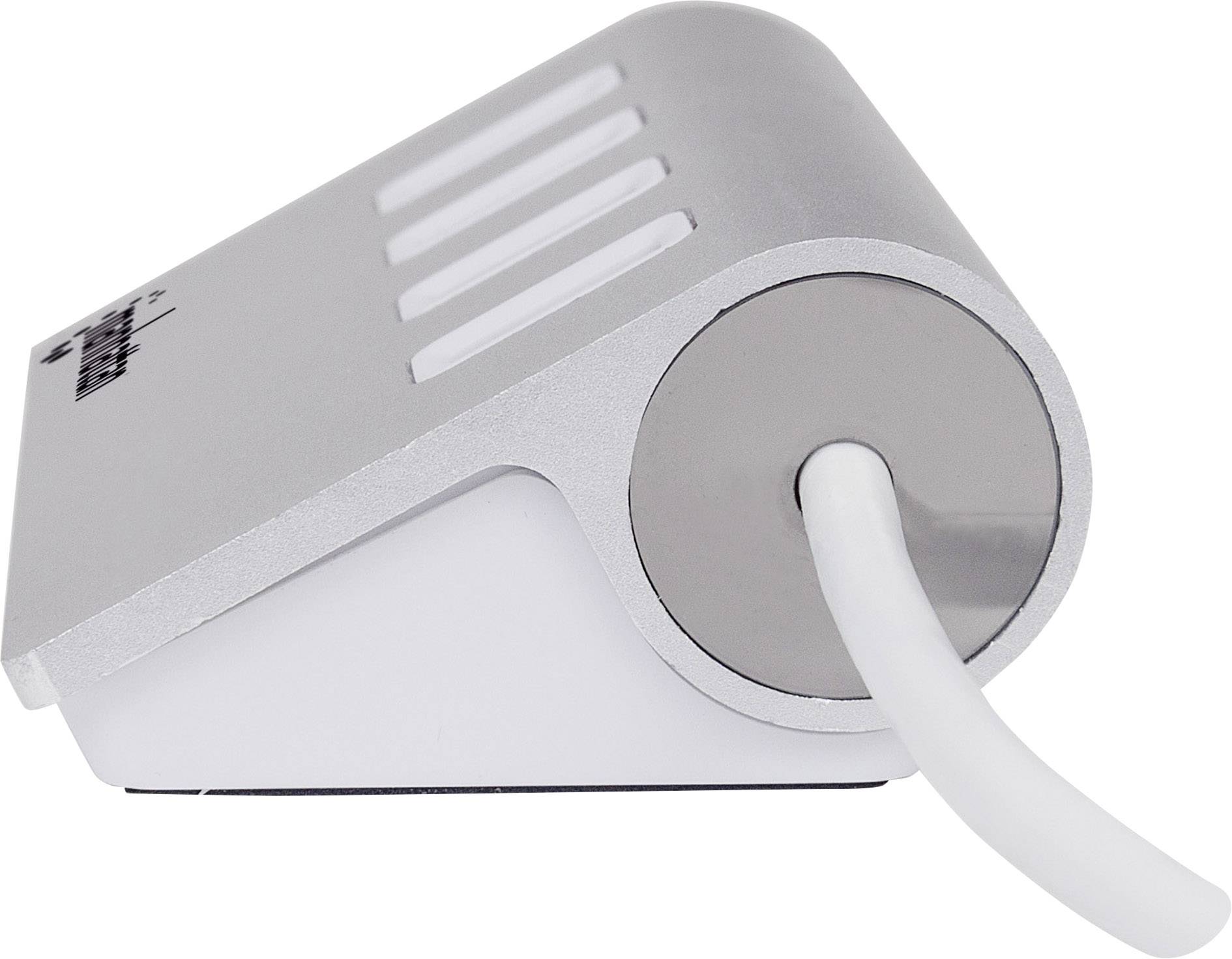 Aluminiumgebürstetes Kabelmanagement-Gerät, das einen weißen Kabelkanal hält und Kabel ordentlich auf einem Schreibtisch führt.