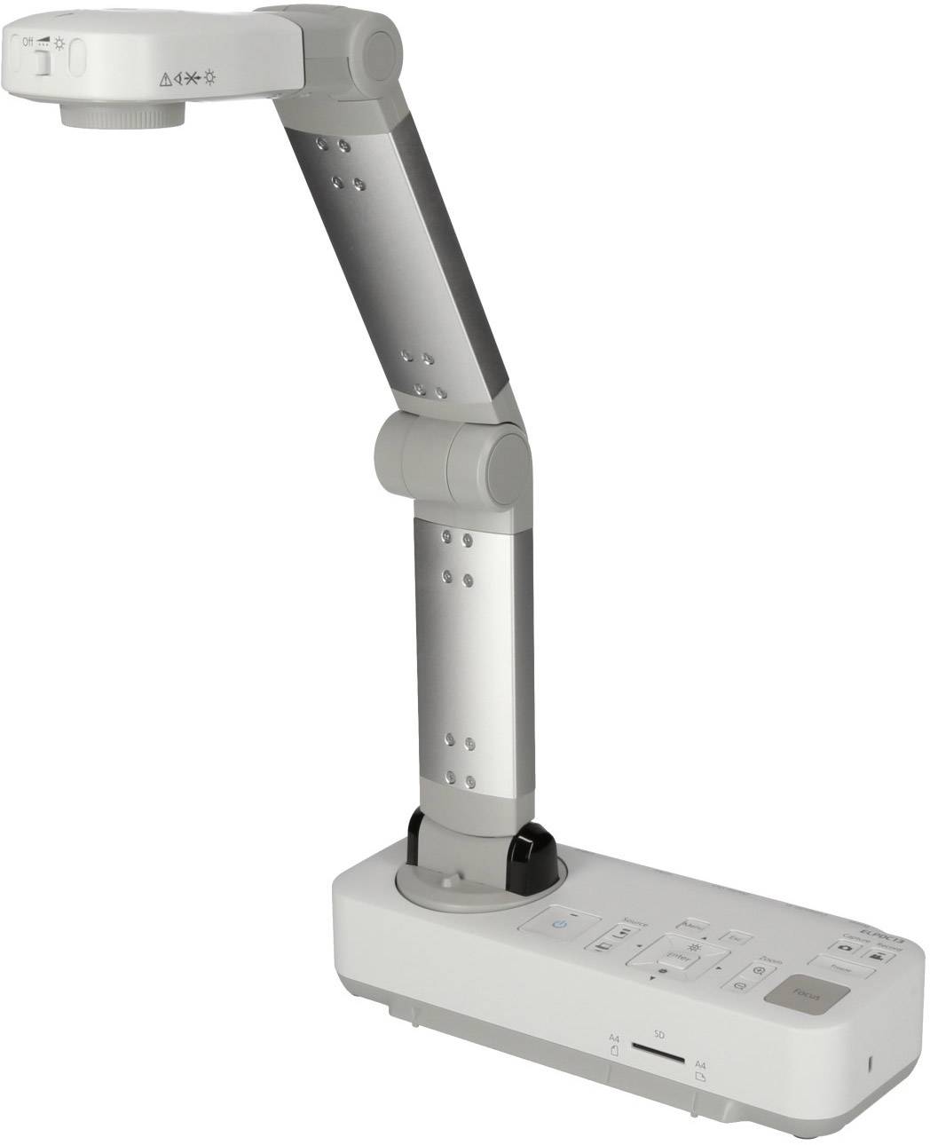 Ein weißer und grauer Dokumentenkameraarm auf einer rechteckigen Basis mit mehreren Tasten und Anschlüssen.