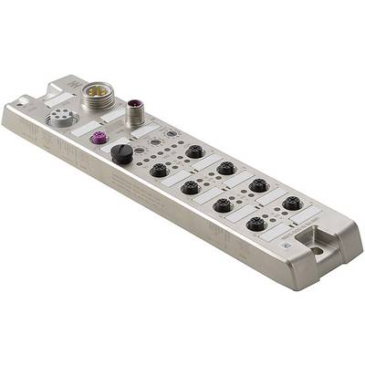 Metallmodul mit mehreren Rundsteckverbindern und Schaltern. Dient zur industriellen Steuerung und Verbindung von elektrischen Komponenten.
