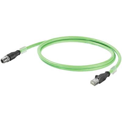 Grünes Ethernet-Kabel mit RJ45-Stecker und M12-Stecker, geeignet für industrielle Anwendungen.