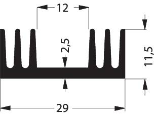 Abbildung eines Bauteils mit Maßen: Breite 29 mm, Höhe 11,5 mm, Tiefe 12 mm. Orientierungspfeile und Maßlinien sind dargestellt.