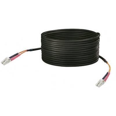 Ein langes, aufgerolltes schwarzes Kabel mit Steckverbindern an beiden Enden, geeignet für Datenübertragung und Netzwerkanwendungen.