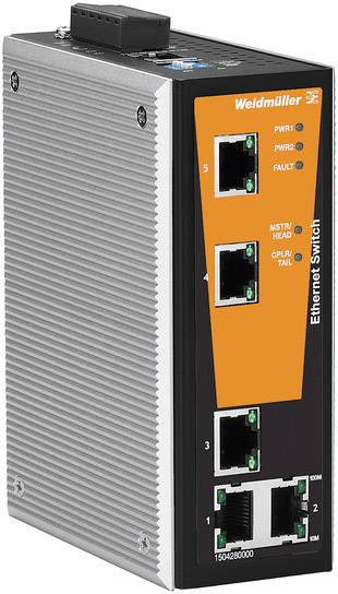 'Industrie-Ethernet-Switch mit vier Ports und LED-Anzeigen für PWR1, PWR2, FAULT, MSTR/HEAD, CPLR/TAIL. Schnelle Netzwerkverbindung.'