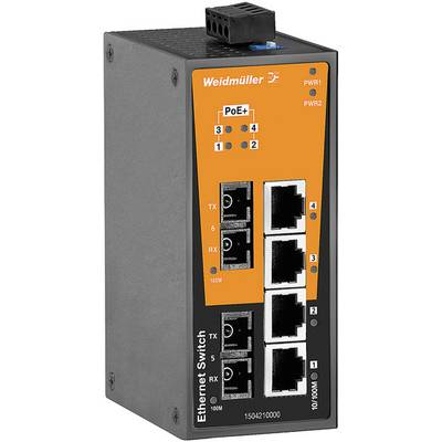 Ein Ethernet-Switch von Weidmüller mit fünf Ports und Statusanzeige-LEDs, geeignet für industrielle Netzwerkverbindungen und PoE+-Unterstützung.