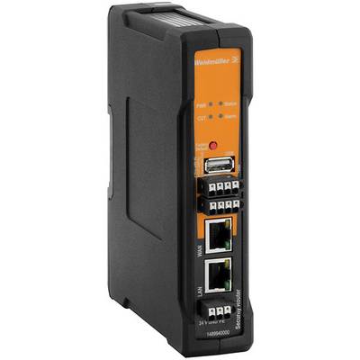 Industrierouter in Schwarz und Orange mit mehreren Anschlüssen, darunter LAN und USB. Markenname sichtbar.