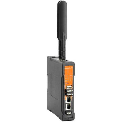 Ein mobilfunkfähiger Router mit mehreren Ethernet-Anschlüssen und großen Antenne, geeignet für industrielle Vernetzungsanwendungen.