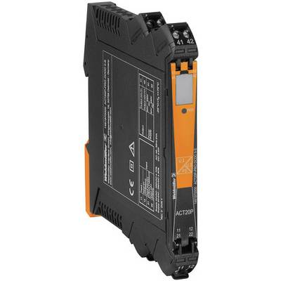 Schwarzes, rechteckiges elektronisches Gerät mit orangefarbenem Streifen, mehreren Anschlüssen und technischen Spezifikationen aufgedruckt.