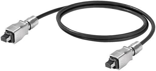 Ein schwarzes Kabel mit zwei rechteckigen Steckern, jeweils mit acht Kontakten an den Enden, vermutlich ein Daten- oder Stromkabel.