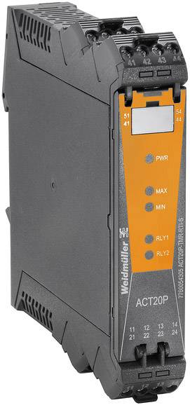 Elektronisches Gerät in Schwarz und Orange mit Bezeichnungen 'PWR', 'MAX', 'MIN', 'RLY1', 'RLY2'. Anschlussklemmen oben und unten. 