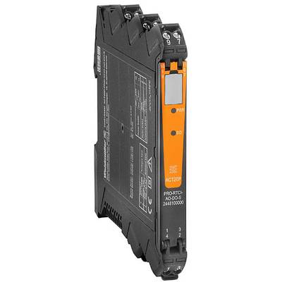 Elektronisches Modul mit schwarzem Gehäuse und orangefarbenem Label, enthält Anschlüsse für Stromversorgung und Datenverbindung.
